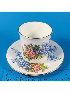 Very Rare Vintage Floral Pink and Blue Porcelain Espresso Cup and Saucer Set